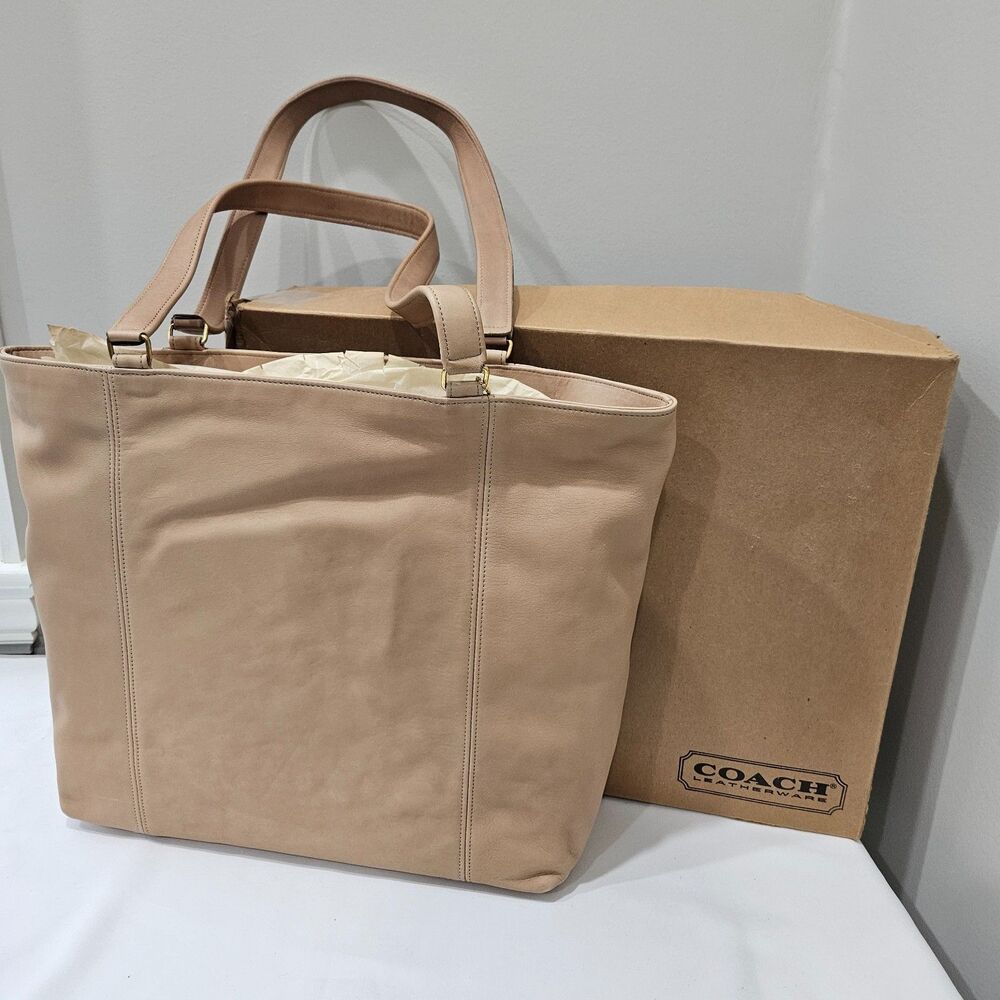 Vintage Coach 1980s Leather Shoppers Tote Bag Beige Tan Shoulder Straps Casual - Picture 1 of 15
